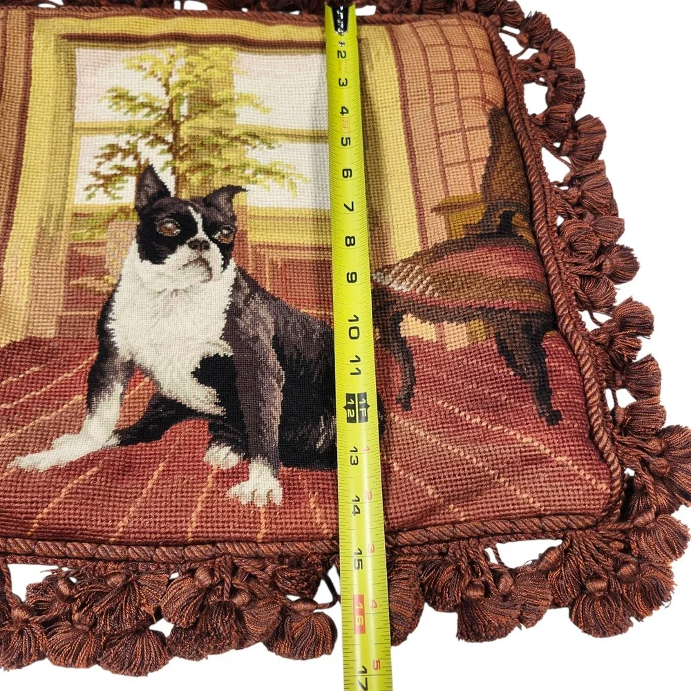 Boston Terrier Needlepoint Throw Pillow cover Wool Tassel Fringe Velvet 16x16